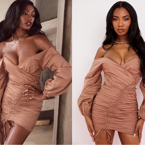 HOUSE OF CB 'Indra' Mocha Off The Shoulder Wrap Mini Dress NWOT - Picture 4 of 13